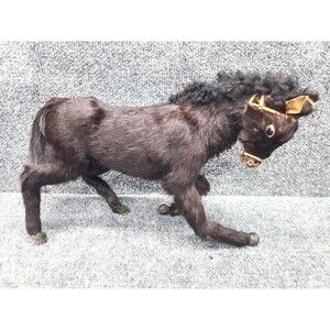 Rare Antique Brown / Black Glass Eyes, Real Fur & Wool Horse 12" X 8" X 3"